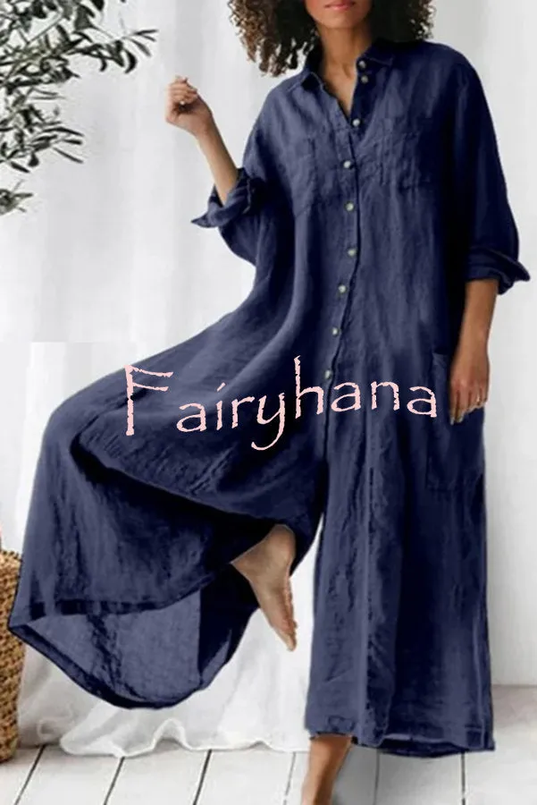 Amaris Cotton and Linen Blend Long Sleeve Loose Wide Leg Shirt Jumpsuit