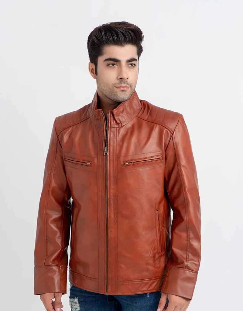 Anslem Hand-Waxed Brown Leather Biker Jacket