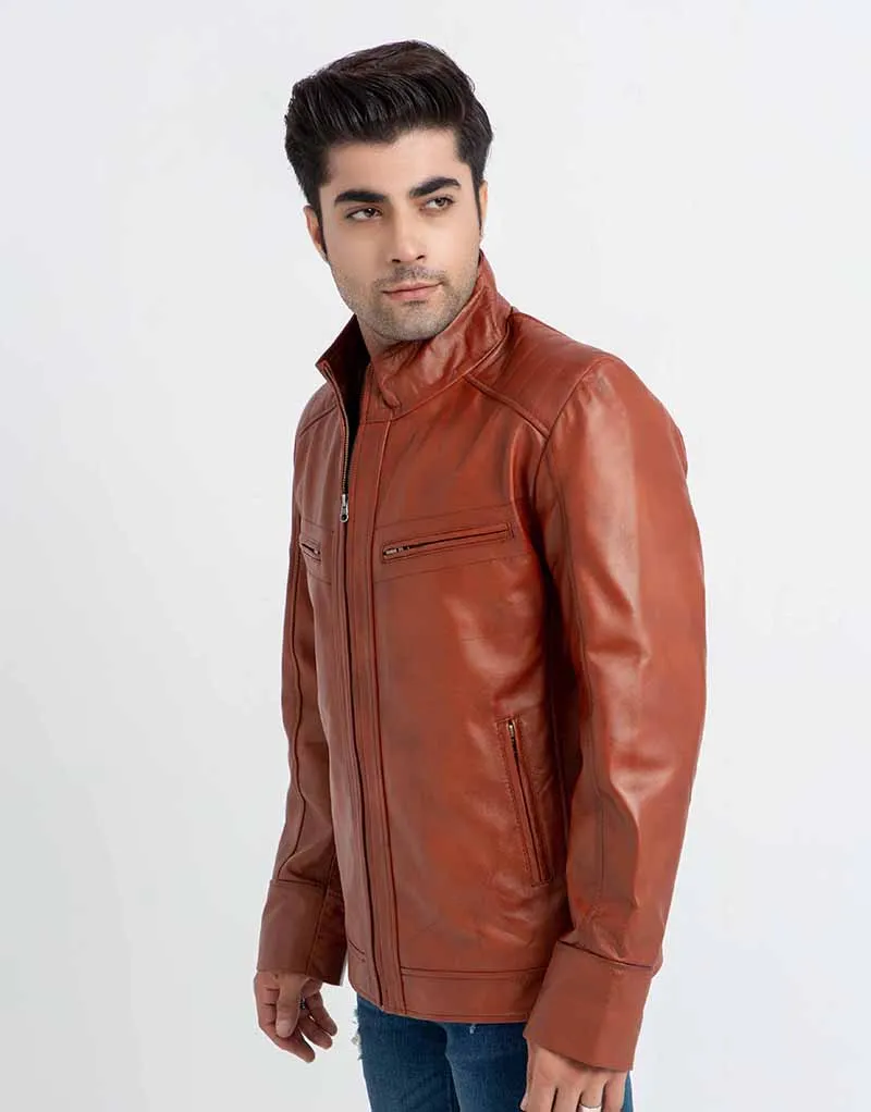 Anslem Hand-Waxed Brown Leather Biker Jacket