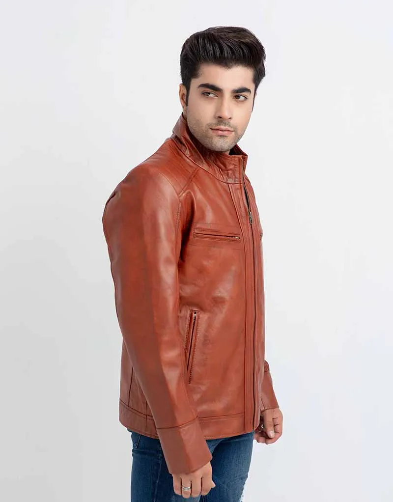 Anslem Hand-Waxed Brown Leather Biker Jacket
