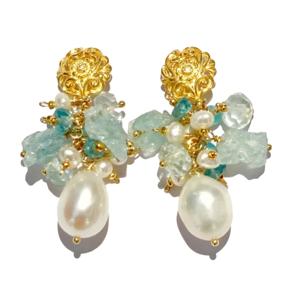 Aquamarine Gemstone Pearl Cluster Earrings Gold Post