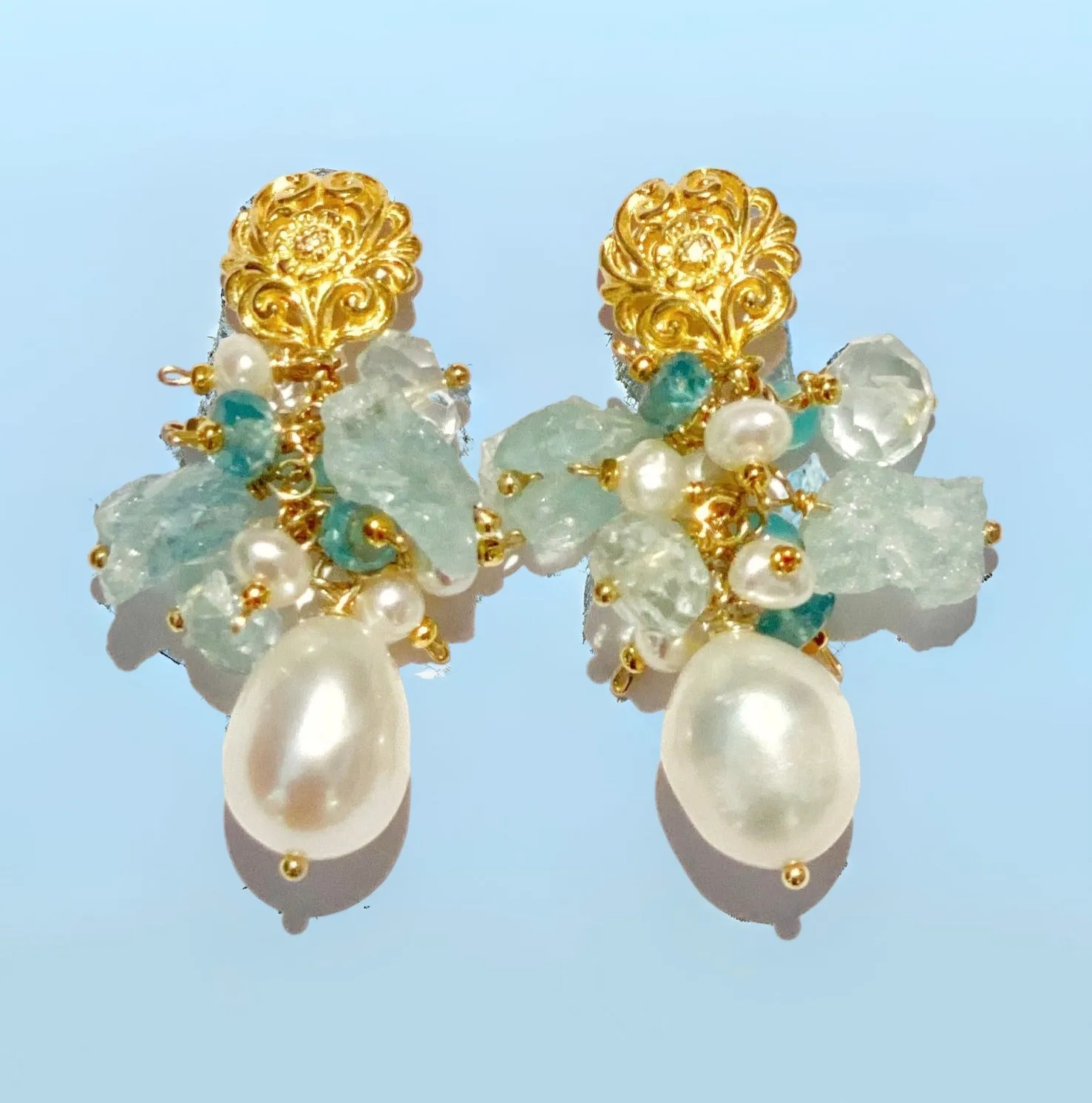 Aquamarine Gemstone Pearl Cluster Earrings Gold Post