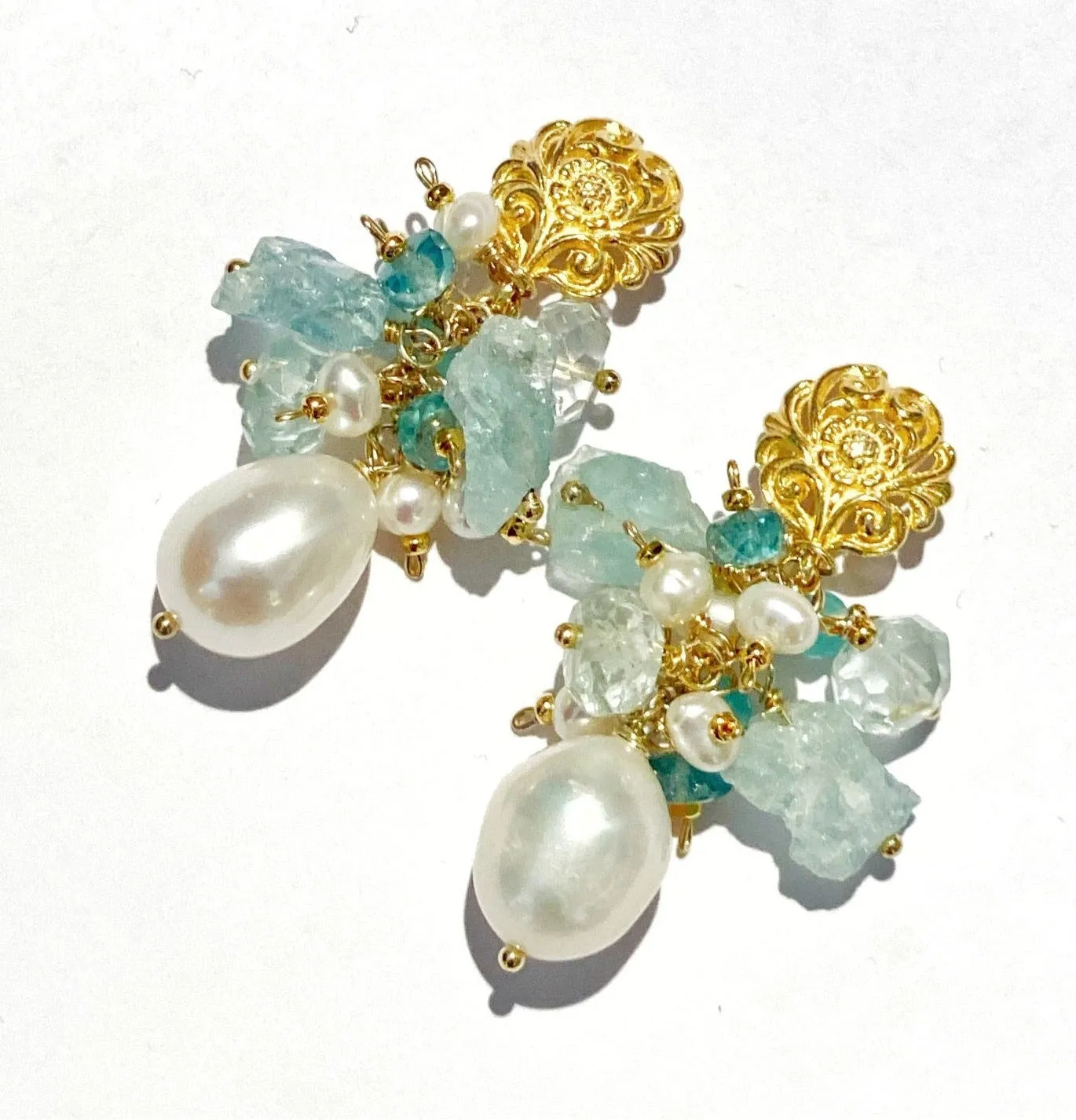 Aquamarine Gemstone Pearl Cluster Earrings Gold Post