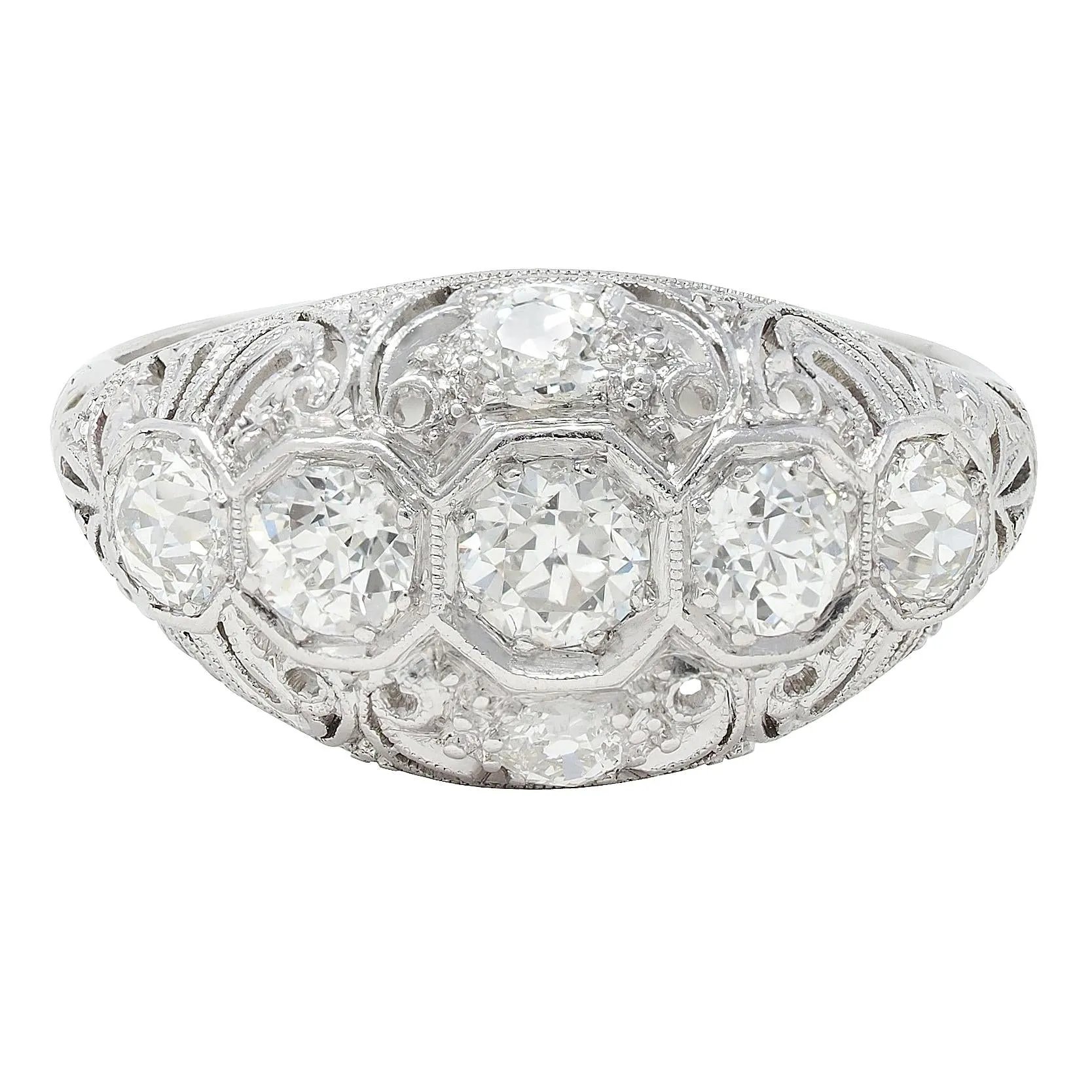 Art Deco 1.25 CTW Diamond Platinum Pierced Scrolling Vintage Bombé Band Ring