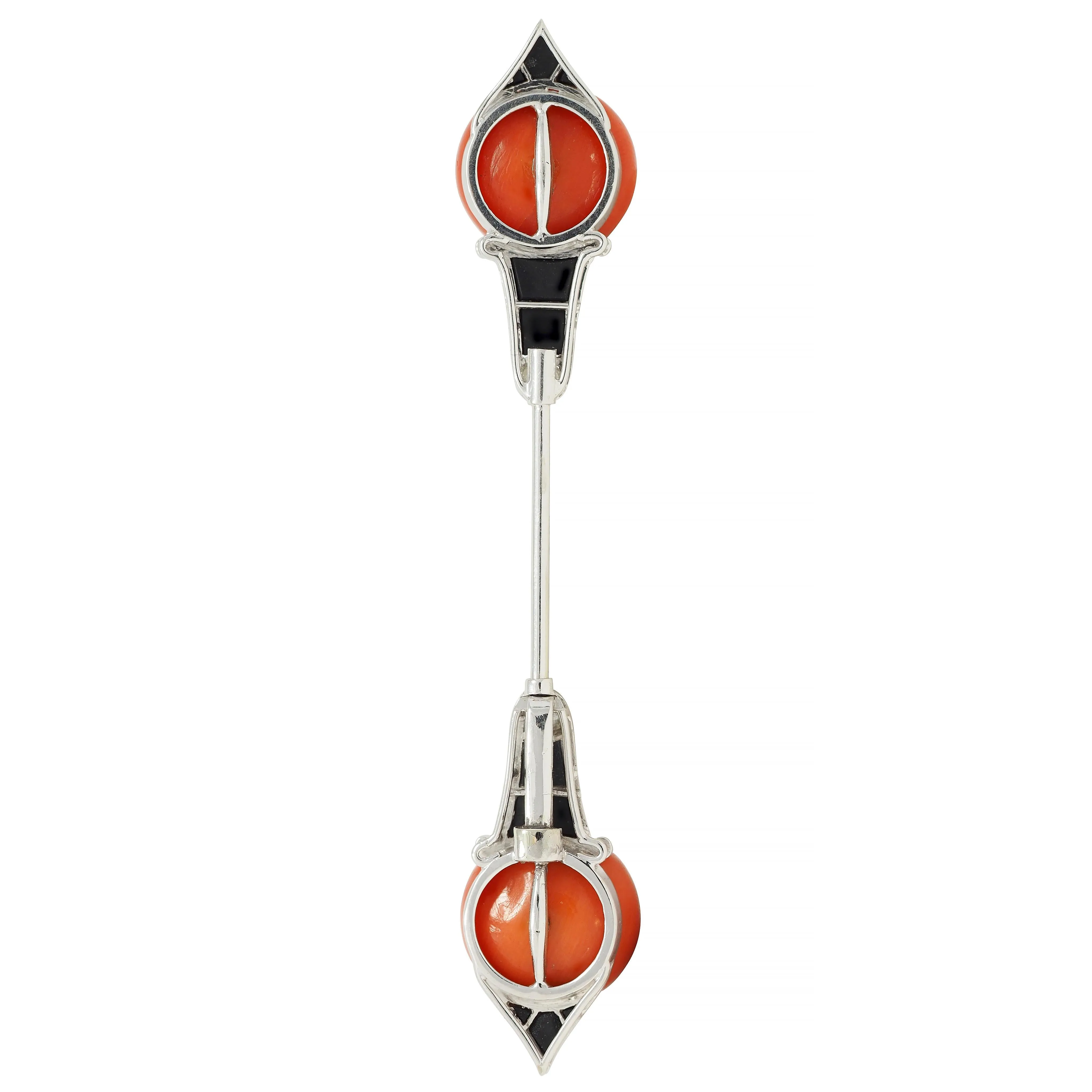 Art Deco Diamond Coral Onyx 18 Karat White Gold Vintage Jabot Brooch