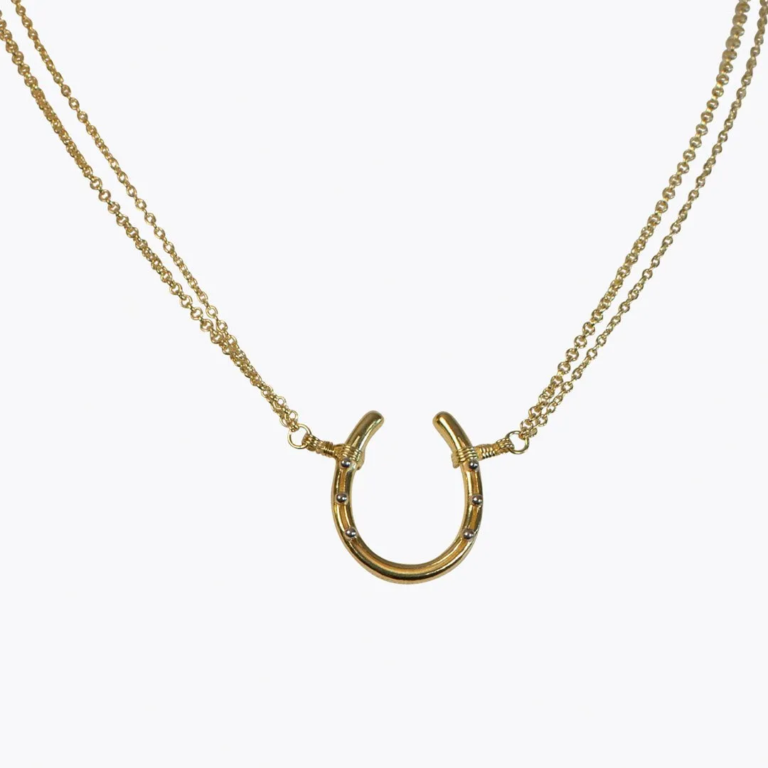 Ava - Horseshoe Pendant and Double Chain 14K Gold on Sterling Silver Necklace
