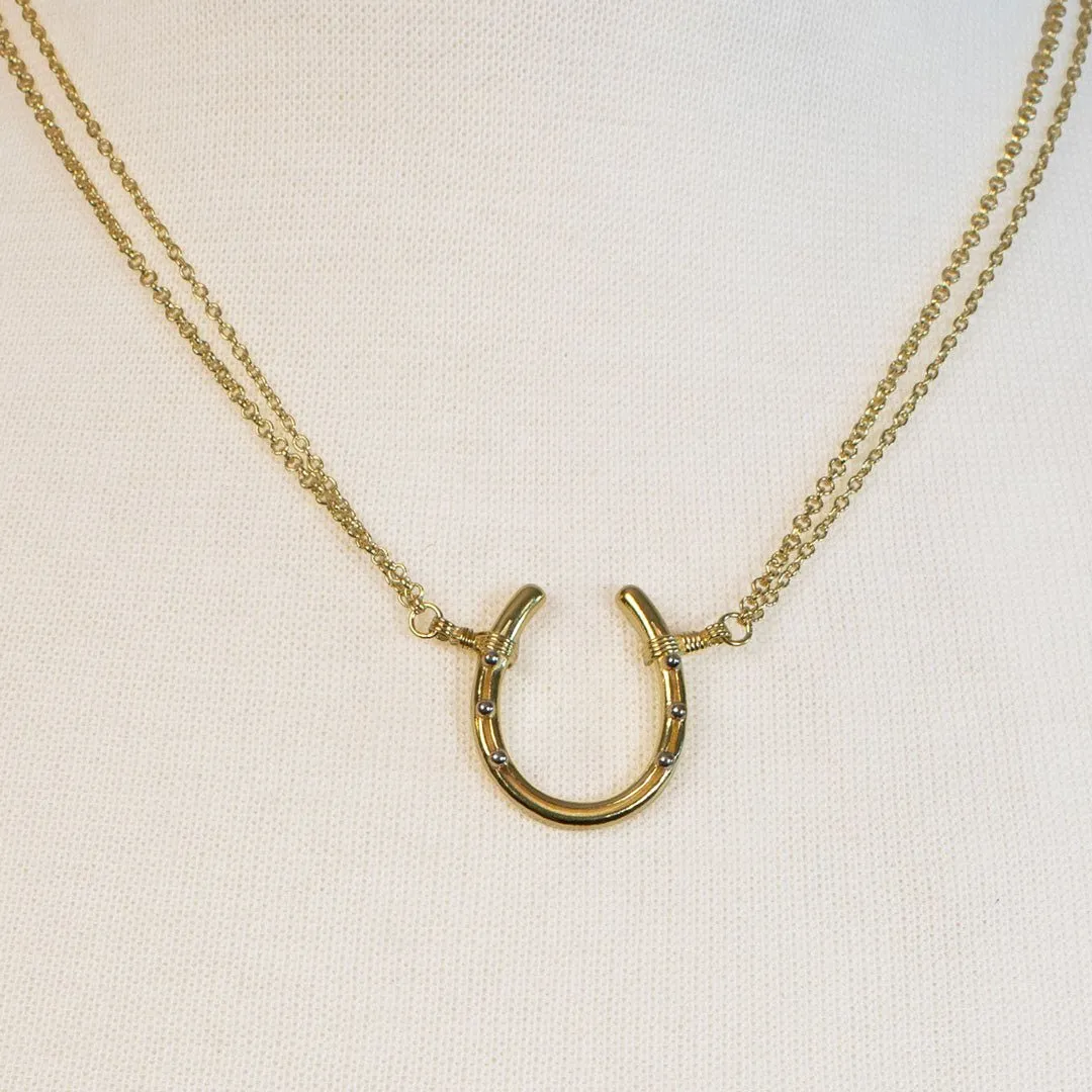 Ava - Horseshoe Pendant and Double Chain 14K Gold on Sterling Silver Necklace