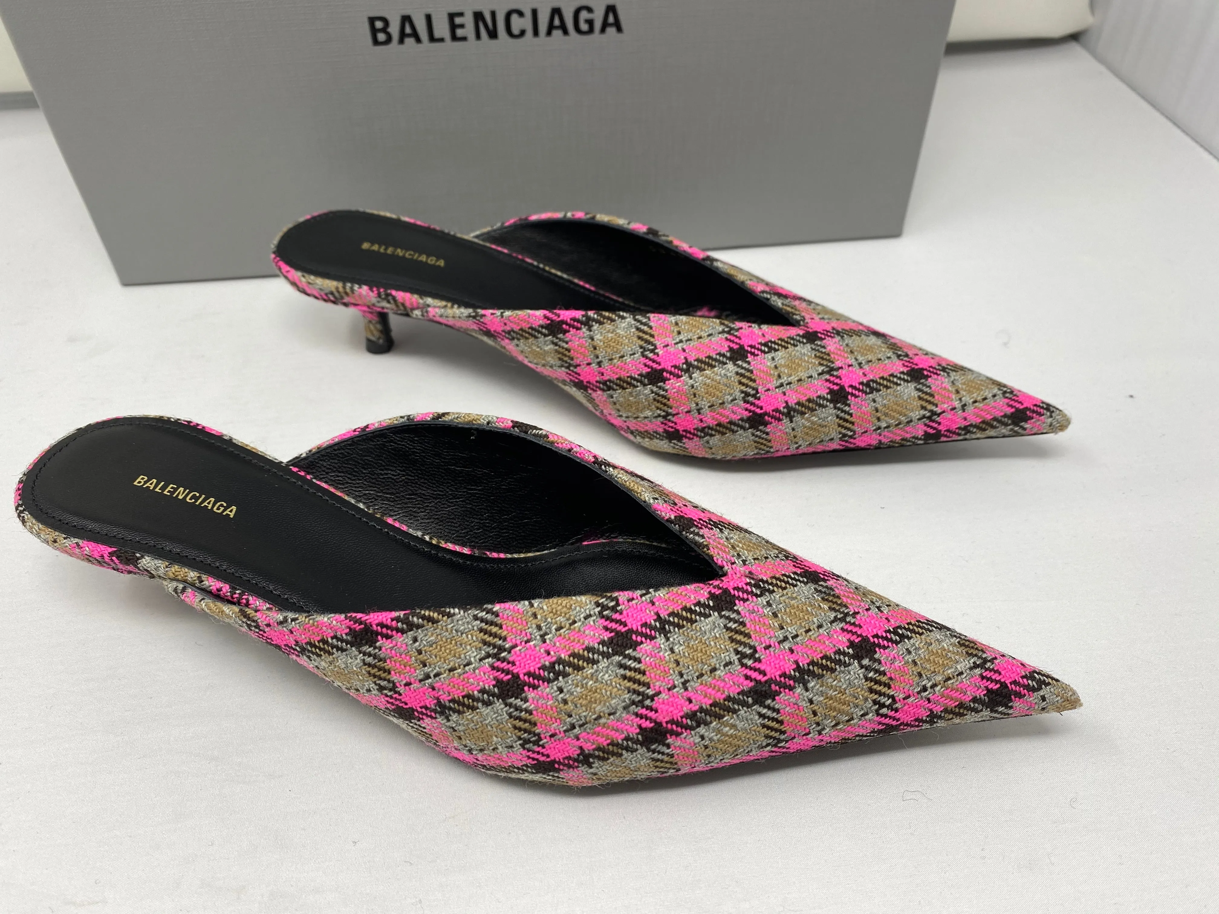 Balenciaga Plaid Kitten Heel Mule