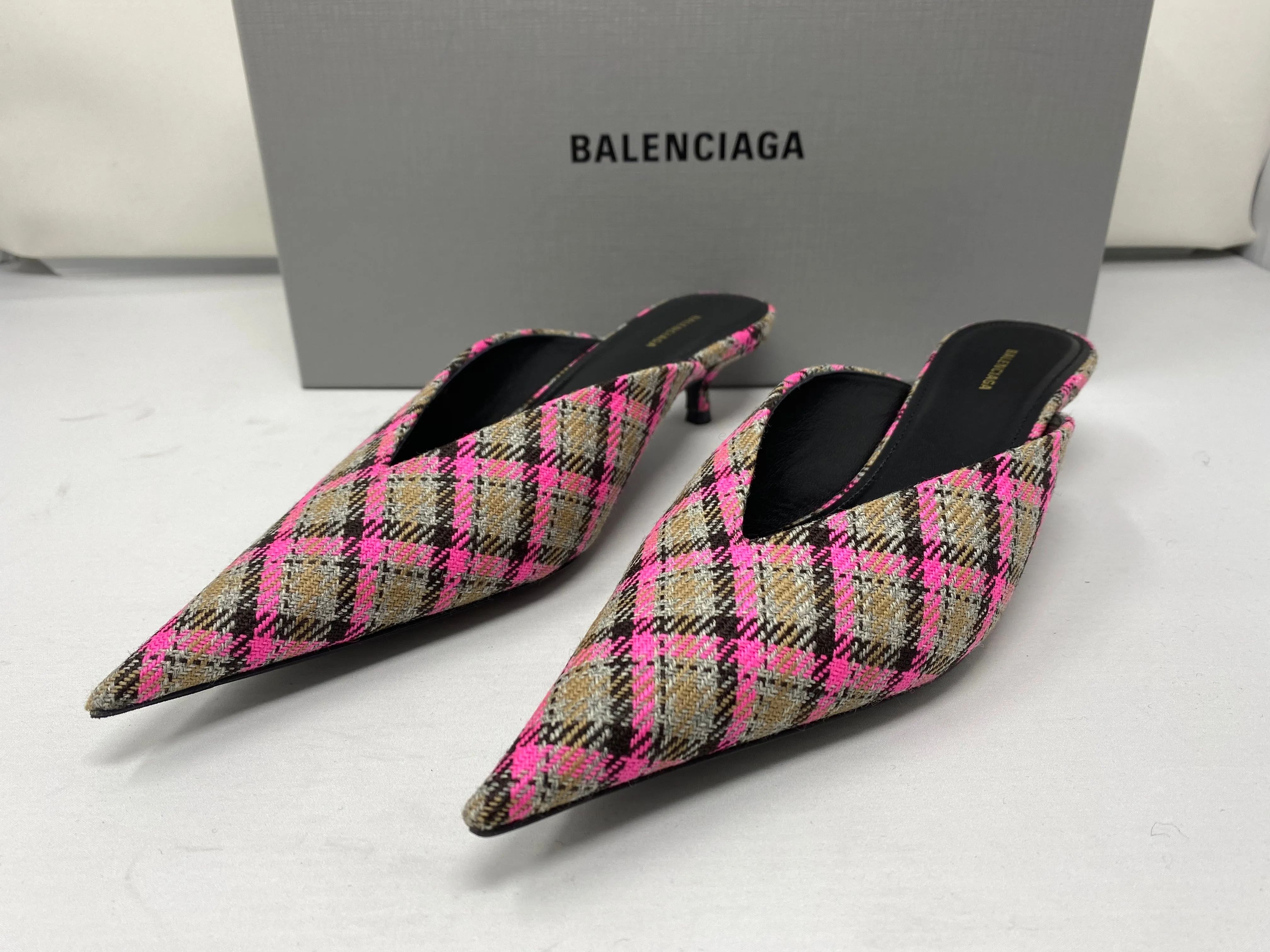 Balenciaga Plaid Kitten Heel Mule