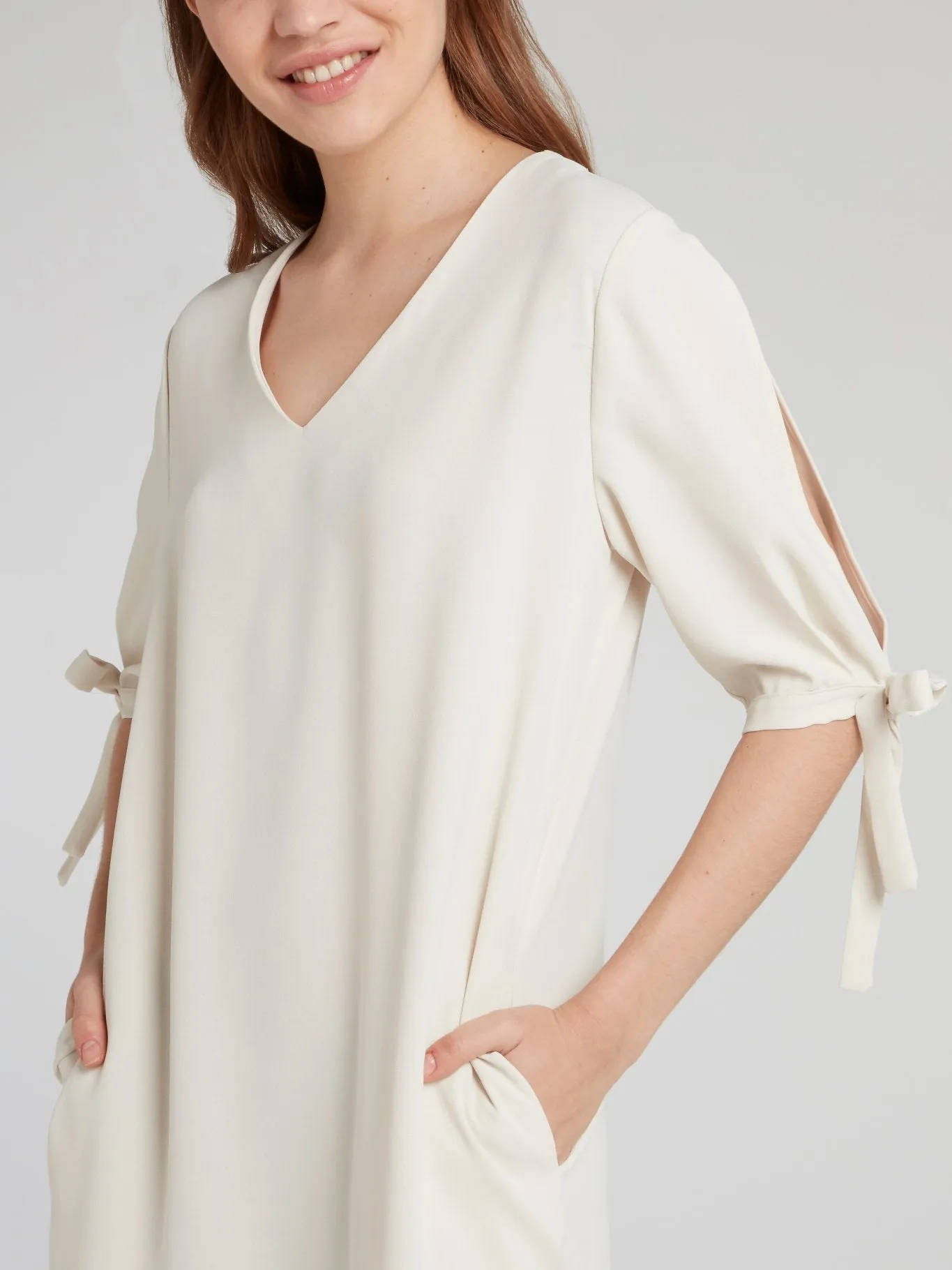 Beige Tie Sleeve Shift Dress