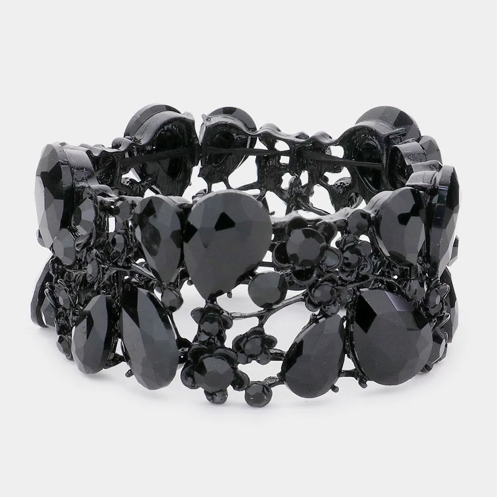 Black Crystal Teardrop Floral Stretch Bracelet  |  554741