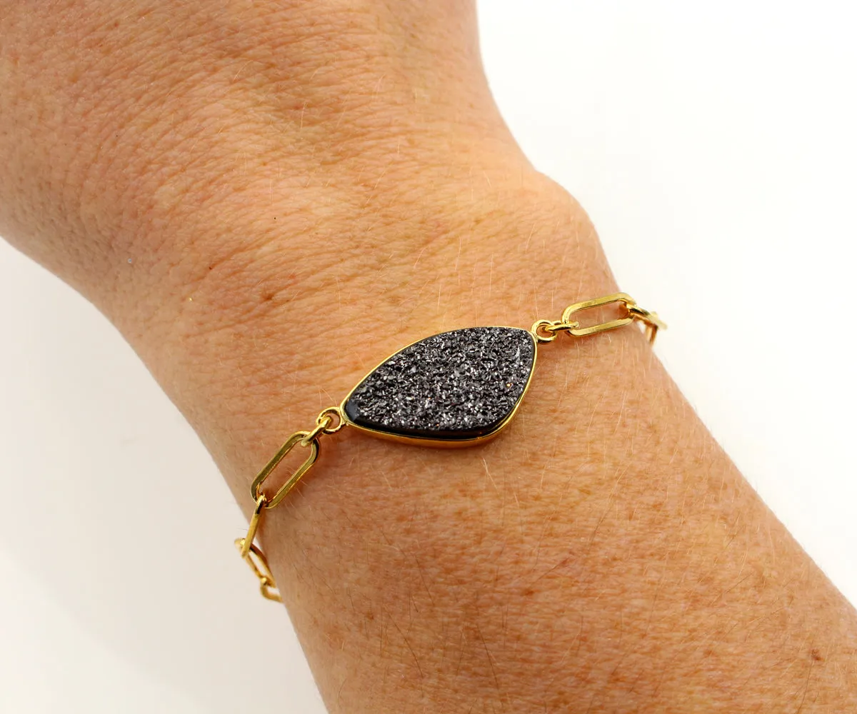 Black Druzy Long Link Gold Bracelet