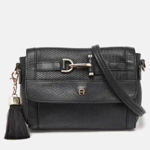 Black Textured Leather Cavallina Crossbody Bag