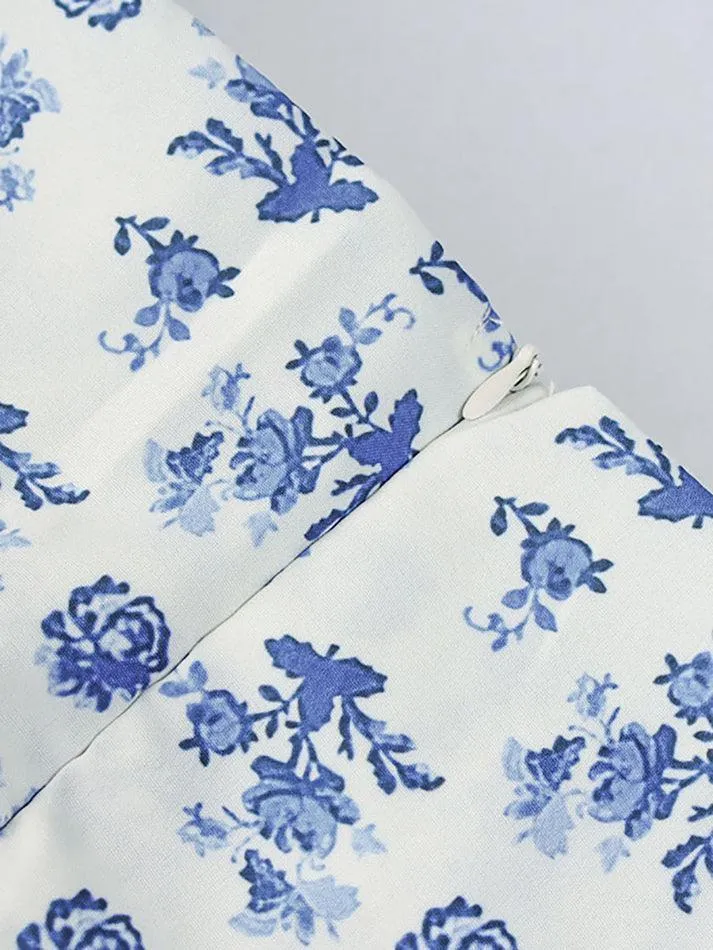Blaues Vintage Puffärmeln Blumenmuster Maxikleid