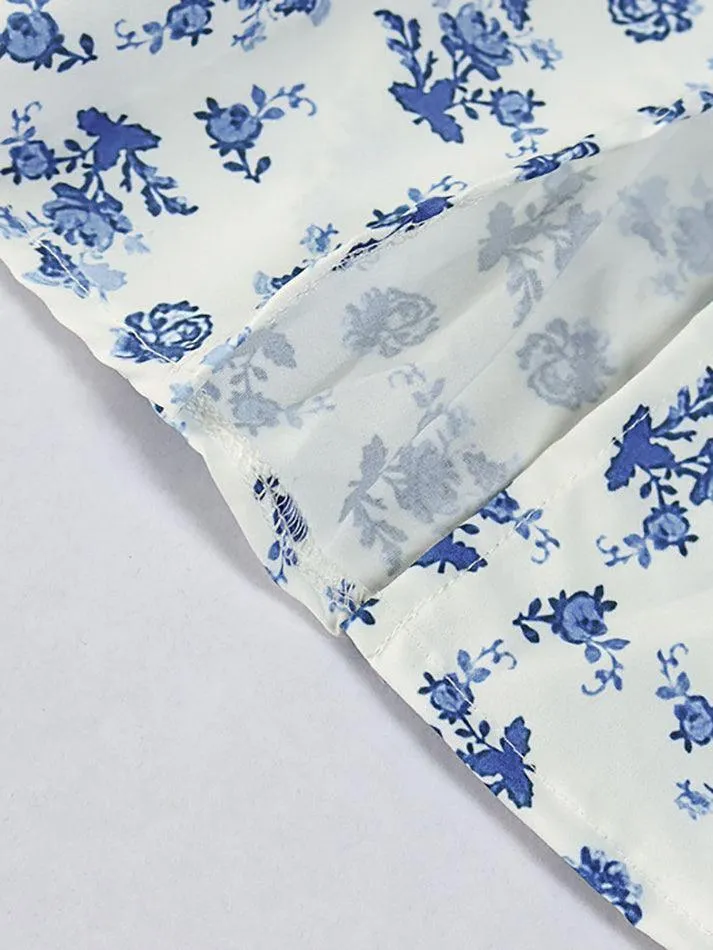 Blaues Vintage Puffärmeln Blumenmuster Maxikleid