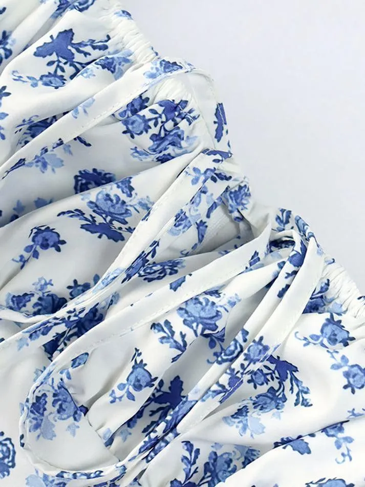 Blaues Vintage Puffärmeln Blumenmuster Maxikleid