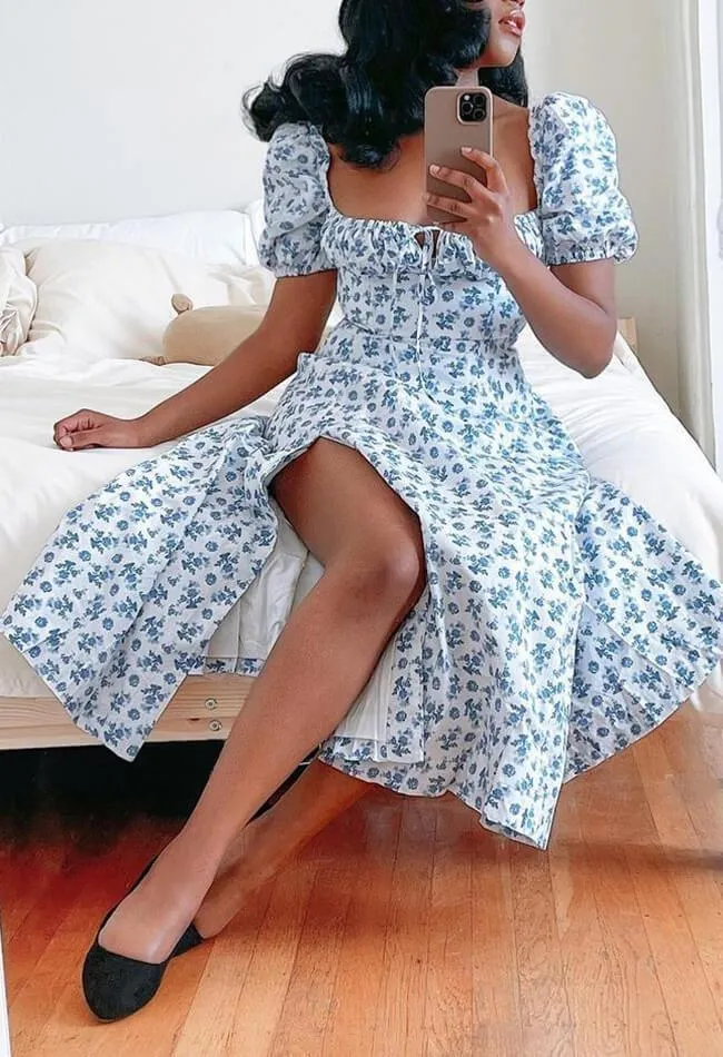 Blaues Vintage Puffärmeln Blumenmuster Maxikleid