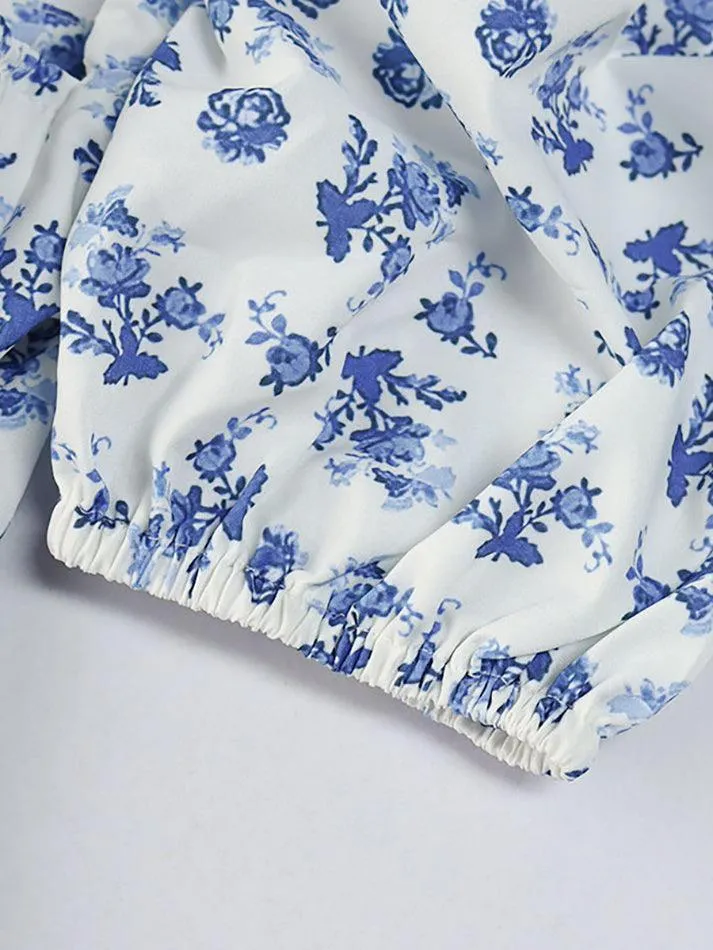 Blaues Vintage Puffärmeln Blumenmuster Maxikleid