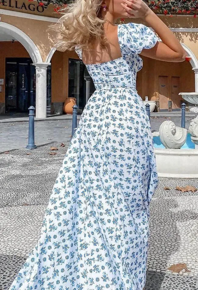 Blaues Vintage Puffärmeln Blumenmuster Maxikleid