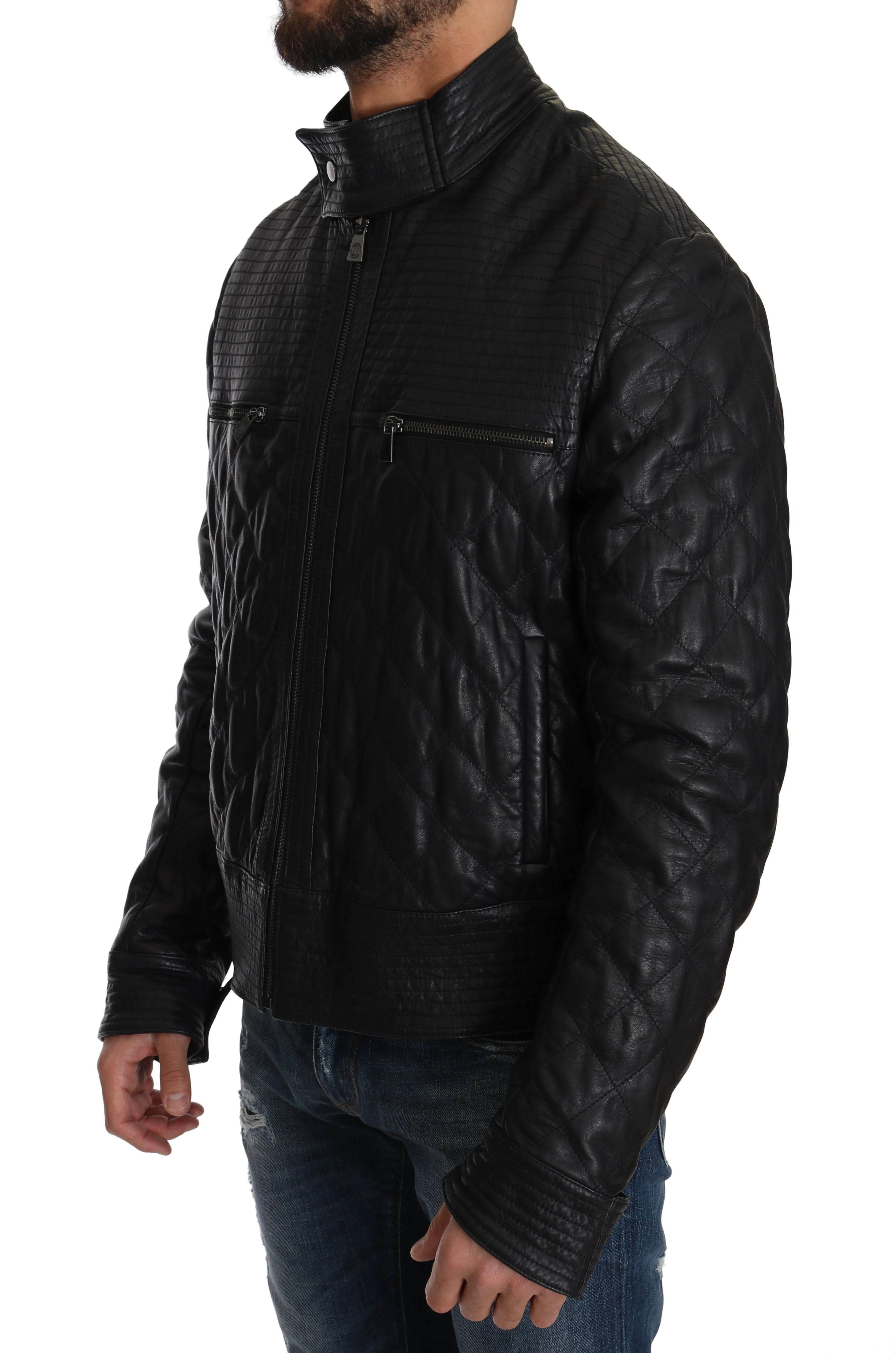 Blue Leather Biker Zipper Motorcycle Mens Jacket