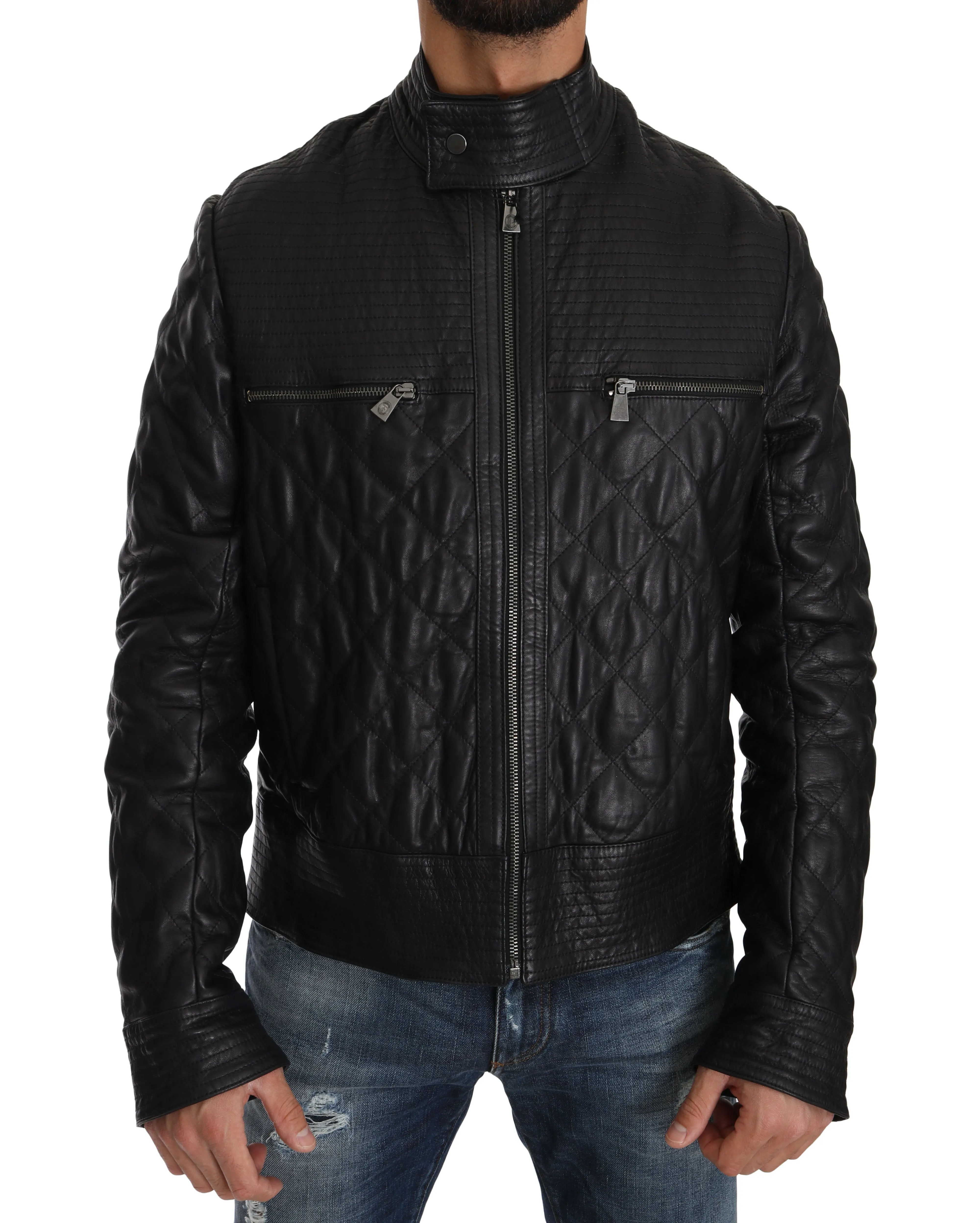 Blue Leather Biker Zipper Motorcycle Mens Jacket