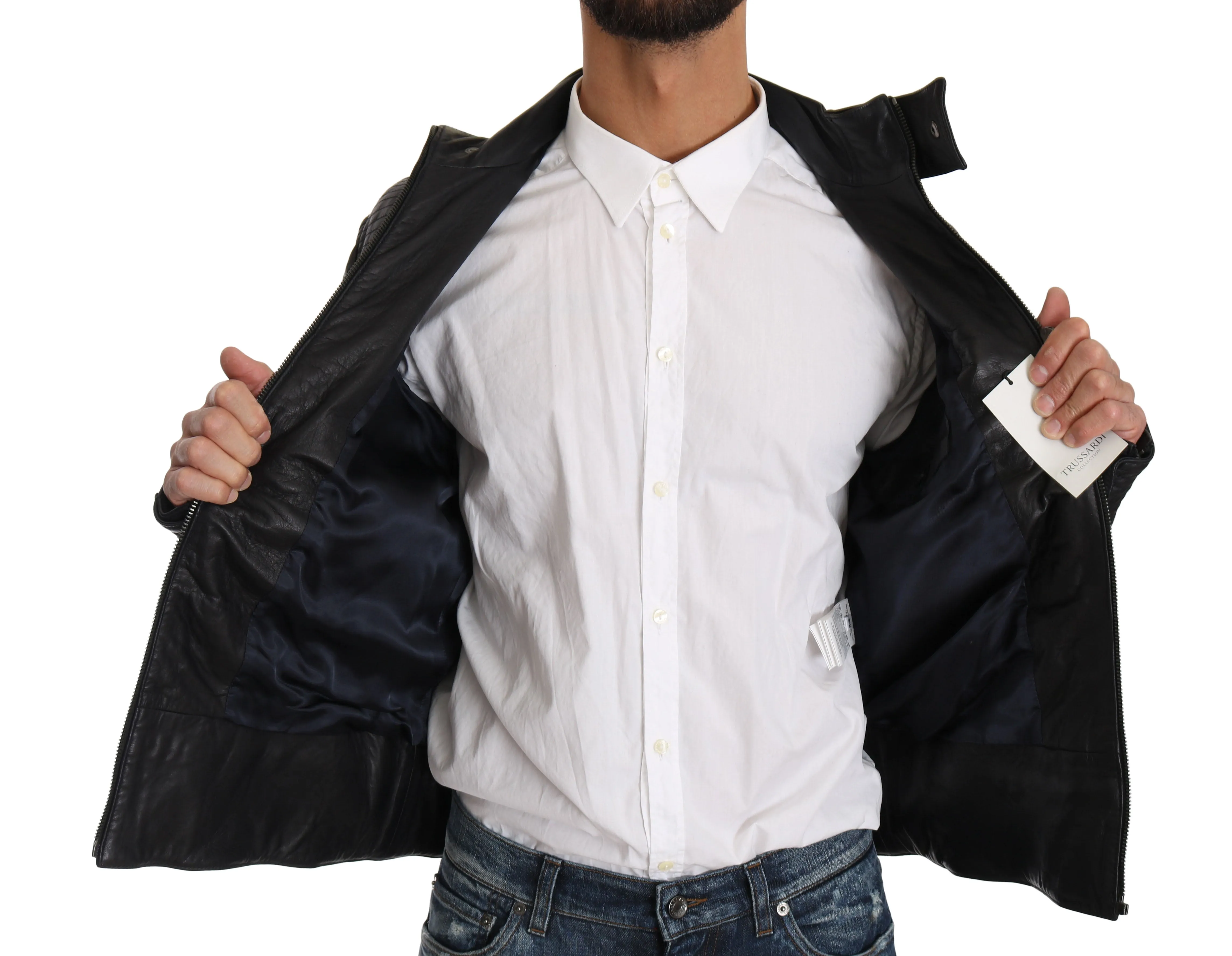 Blue Leather Biker Zipper Motorcycle Mens Jacket