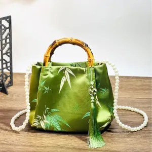 Buddha Stones Embroidery Leaves Bamboo Handle Pearl Crossbody Bag Hangbags