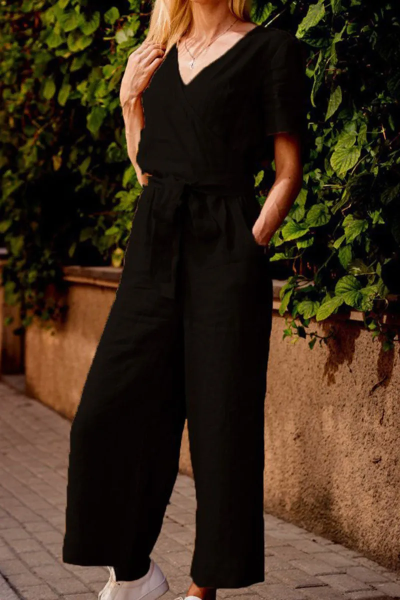 Casual Solid Patchwork V Neck Loose Jumpsuits