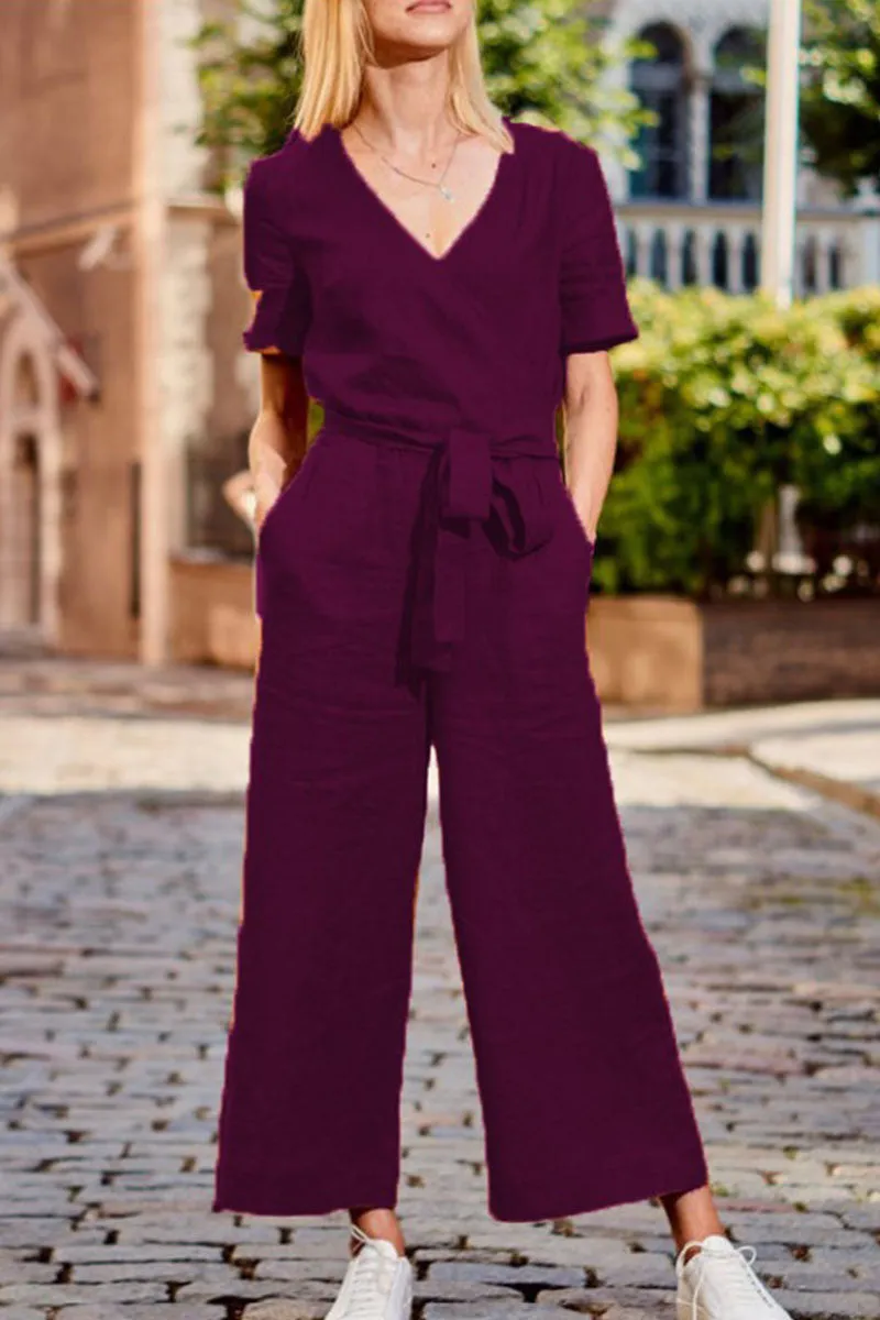 Casual Solid Patchwork V Neck Loose Jumpsuits