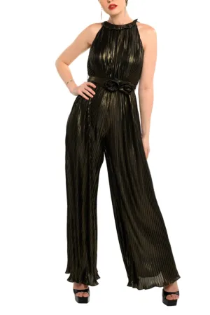 Cenia Metallic Pleated Halter Wide Leg Jumpsuit