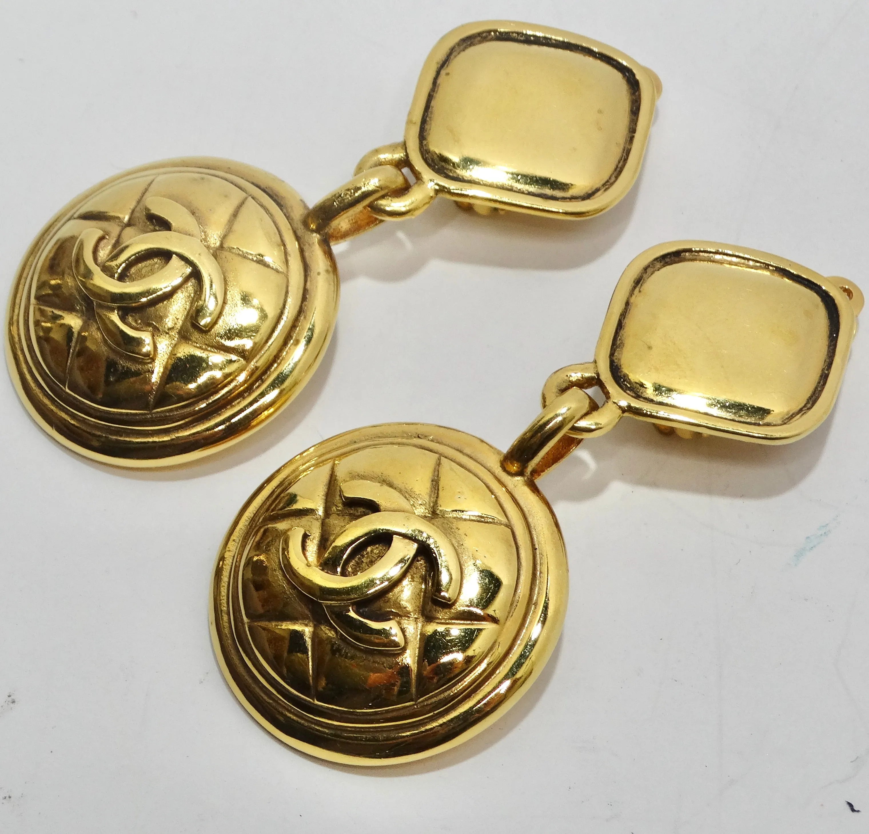 Chanel 1980s Gold Tone Quilted Drop Earrings