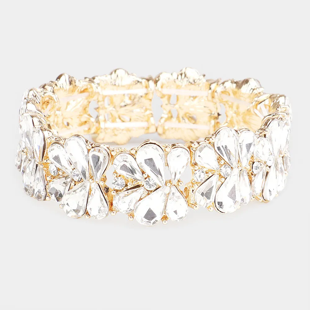 Clear Crystal Teardrop Cluster Stretch Pageant Bracelet on Gold | Prom Bracelet | 484020