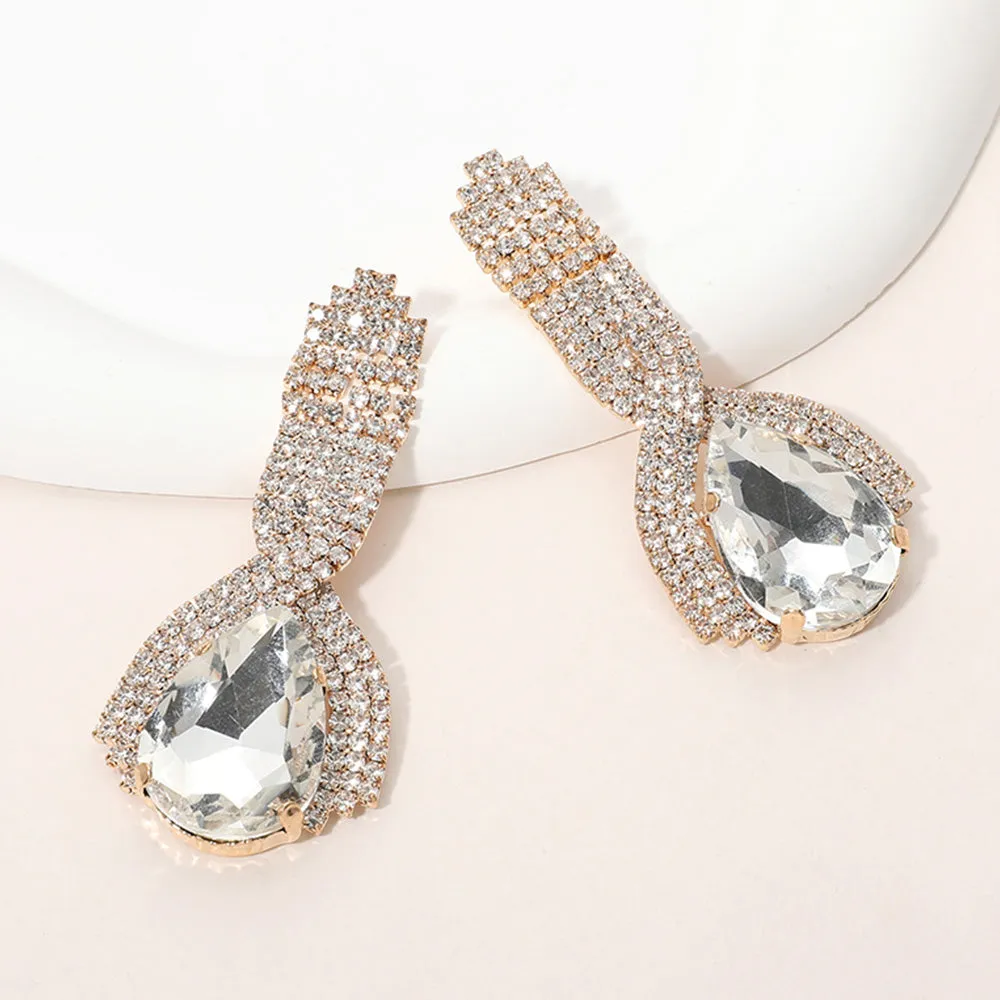 Clear Teardrop Embellished with Clear Rhinestone Pageant Earrings on Gold | Clear Prom Earrings on Gold |  654095