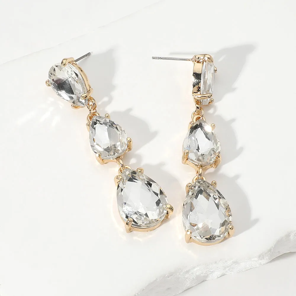 Clear Triple Teardrop Dropdown Pageant Link Earrings on Gold | Clear Dangle Earrings on Gold |  655072