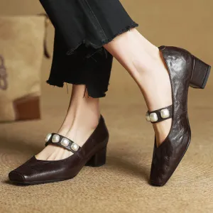 COMFORTABLE PEARL SQUARE TOE MARY JANE HEELS