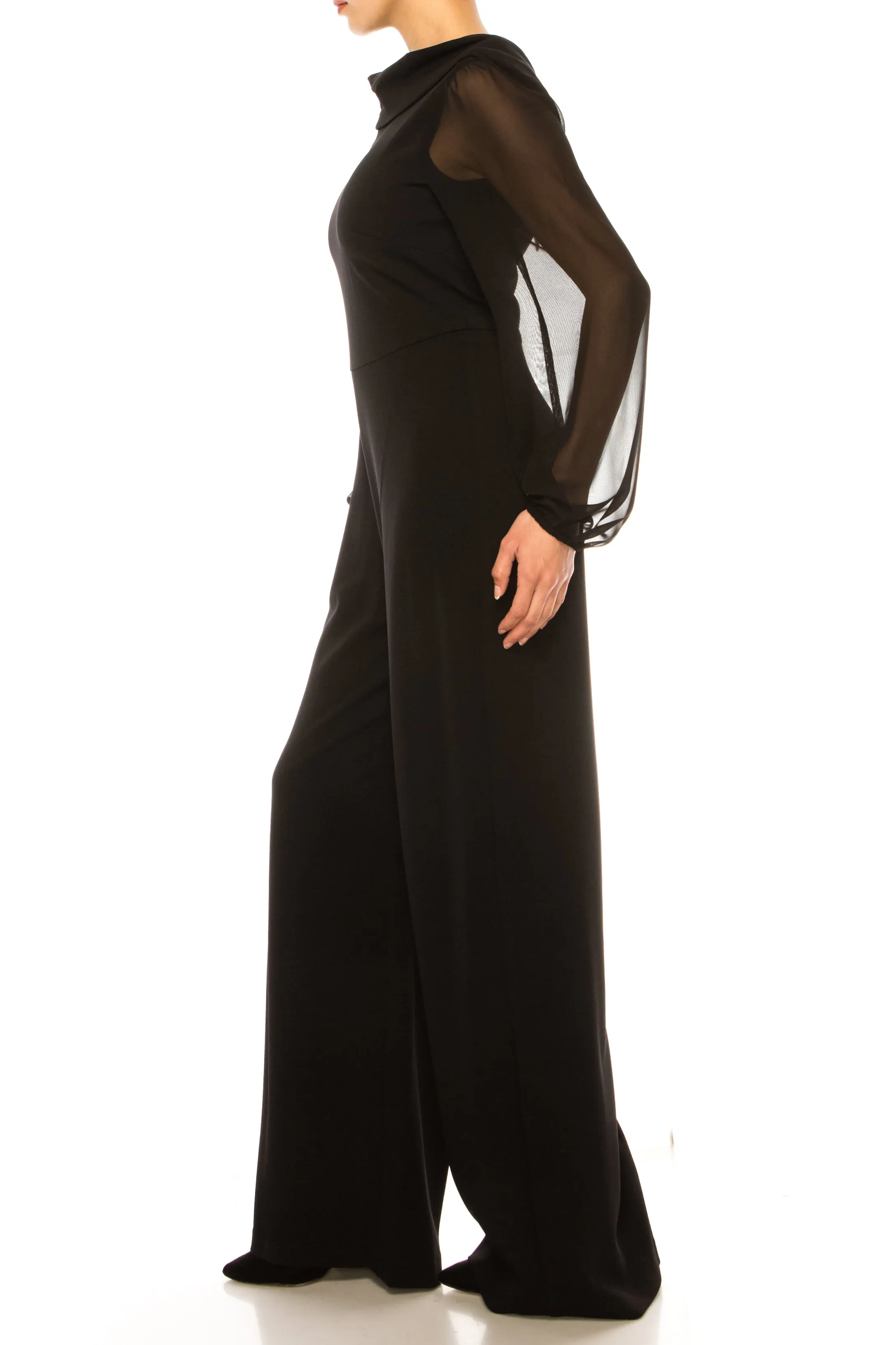 Connected Apparel Sheer Sleeve Wide Leg Jumpsuit