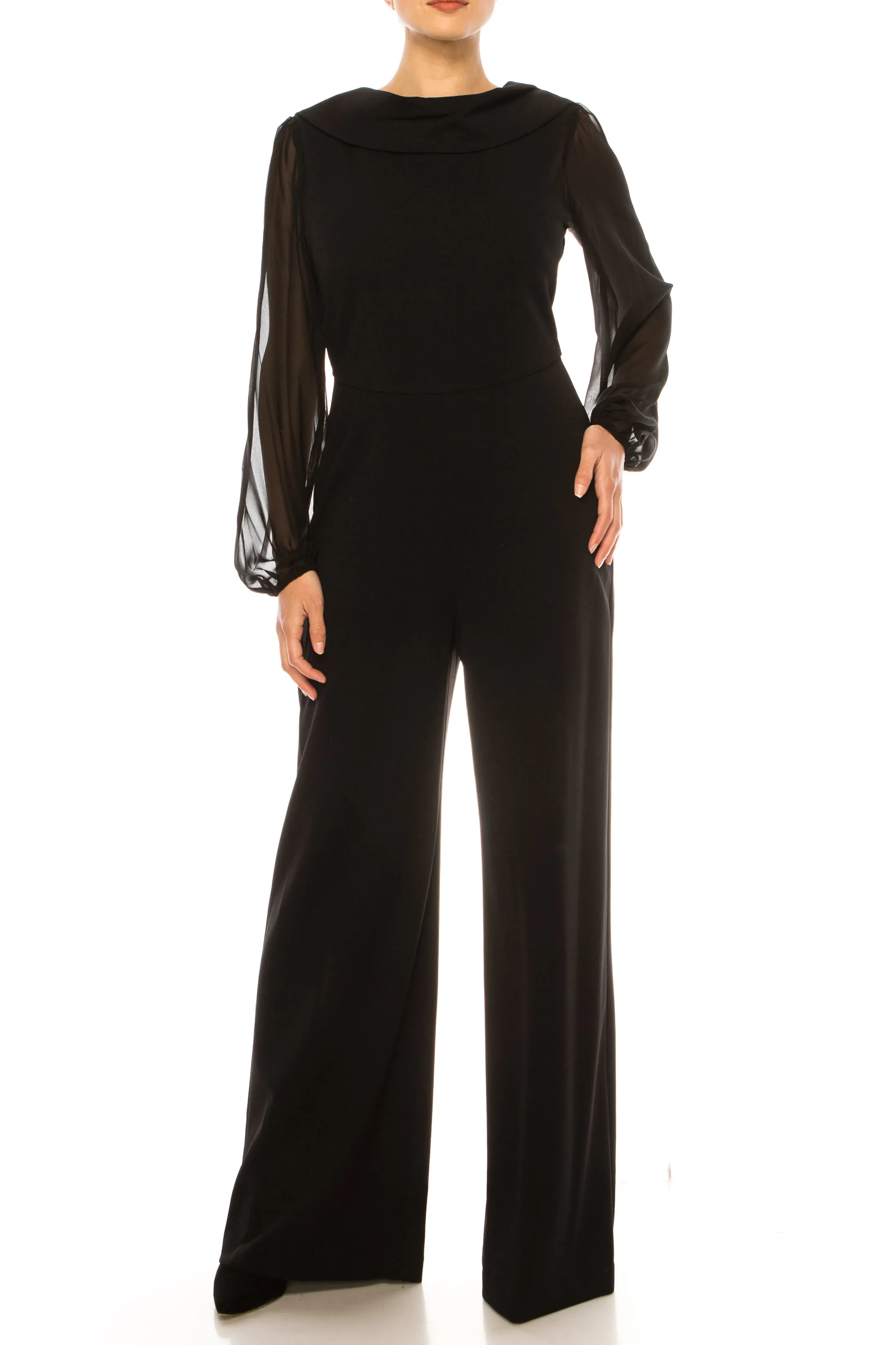 Connected Apparel Sheer Sleeve Wide Leg Jumpsuit