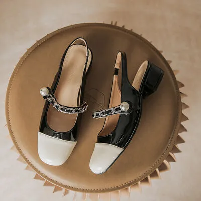 Contrast Round Toe Block Heel Mary Jane Shoes