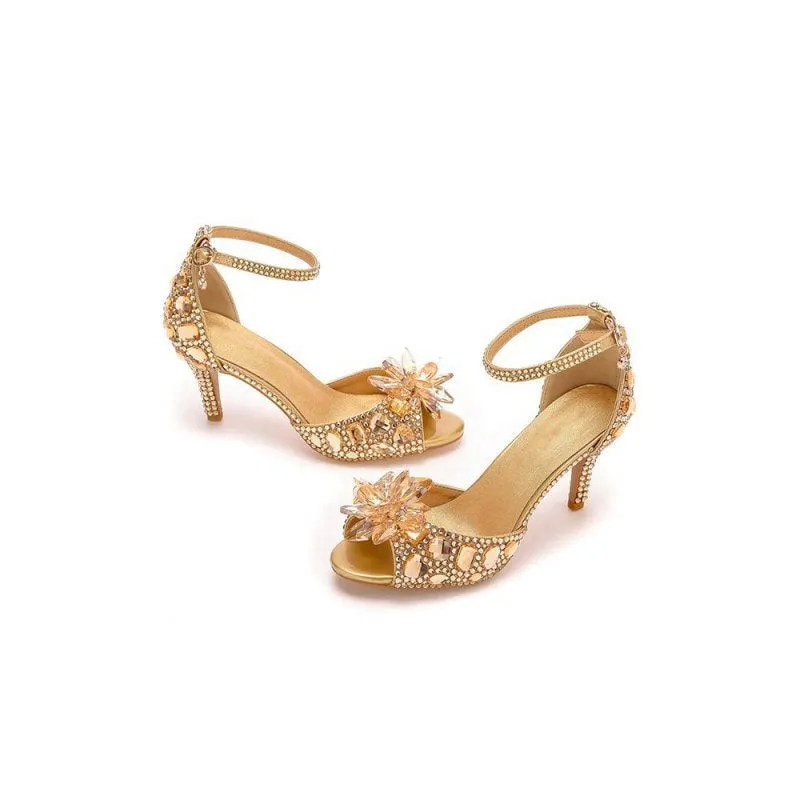 Crystal Rhinestone Decor Peep Toe Stiletto Ankle Strap High Heels