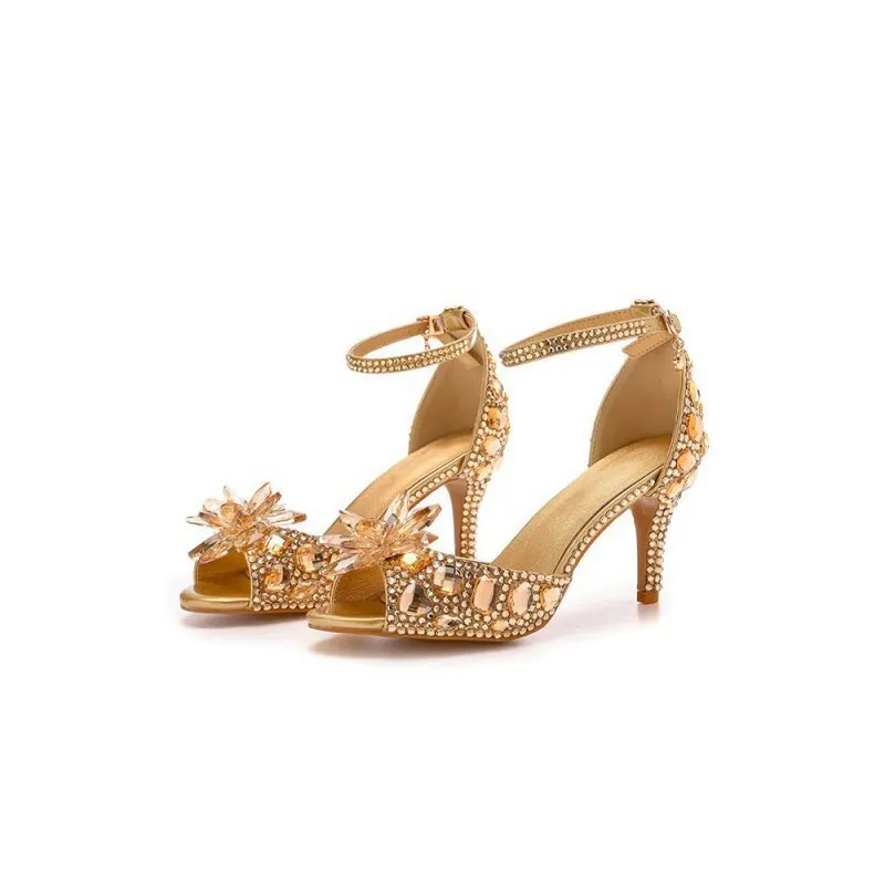 Crystal Rhinestone Decor Peep Toe Stiletto Ankle Strap High Heels