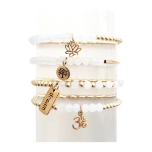 Dainty Set of Four Gold Faceted Beaded Bracelets with Lotus and Om Charms - Wholesale