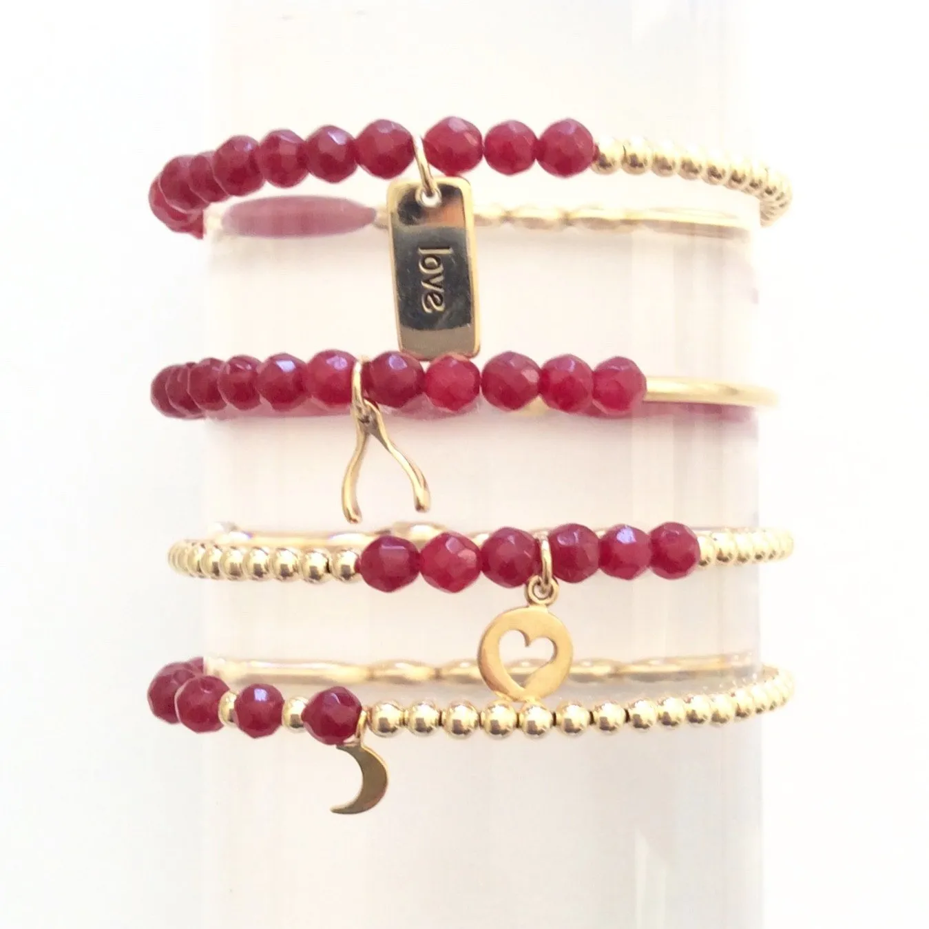 Dainty Set of Four Red Beaded Bracelets with Gold Faceted Stones and Charms - Wholesale Lot