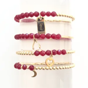 Dainty Set of Four Red Beaded Bracelets with Gold Faceted Stones and Charms - Wholesale Lot