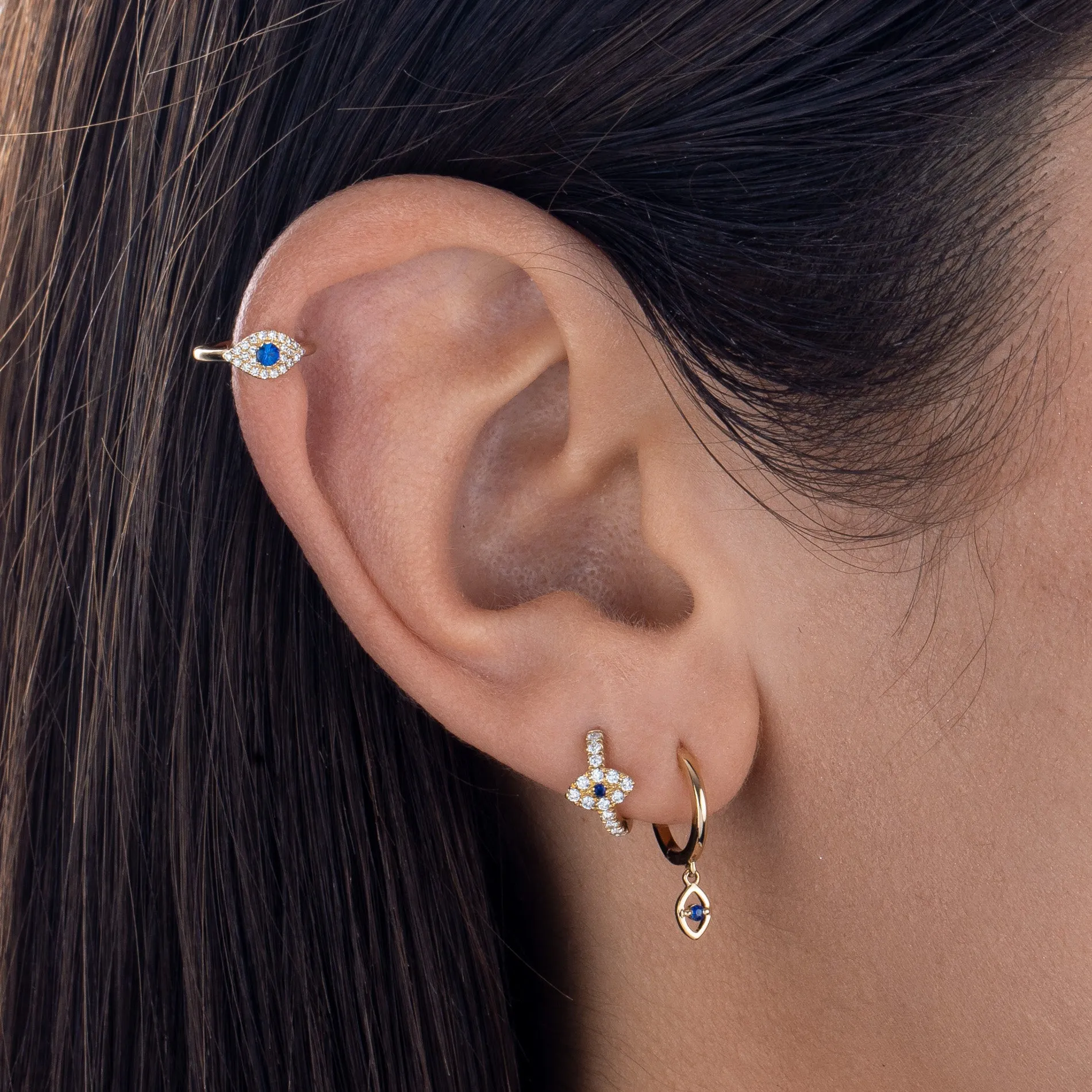 Diamond Evil Eye Huggie Earring 14K