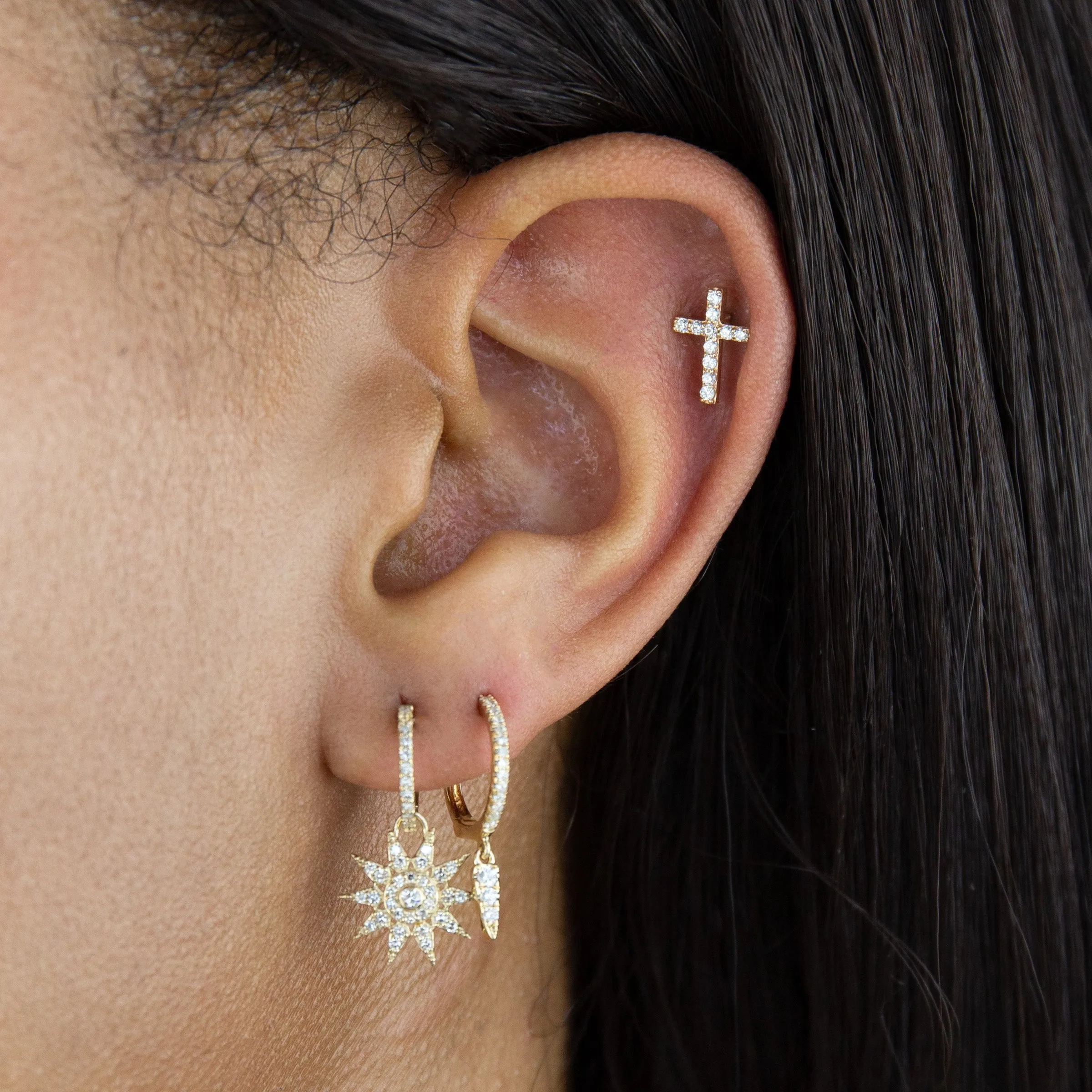 Diamond Starburst Charm Huggie Earring 14K