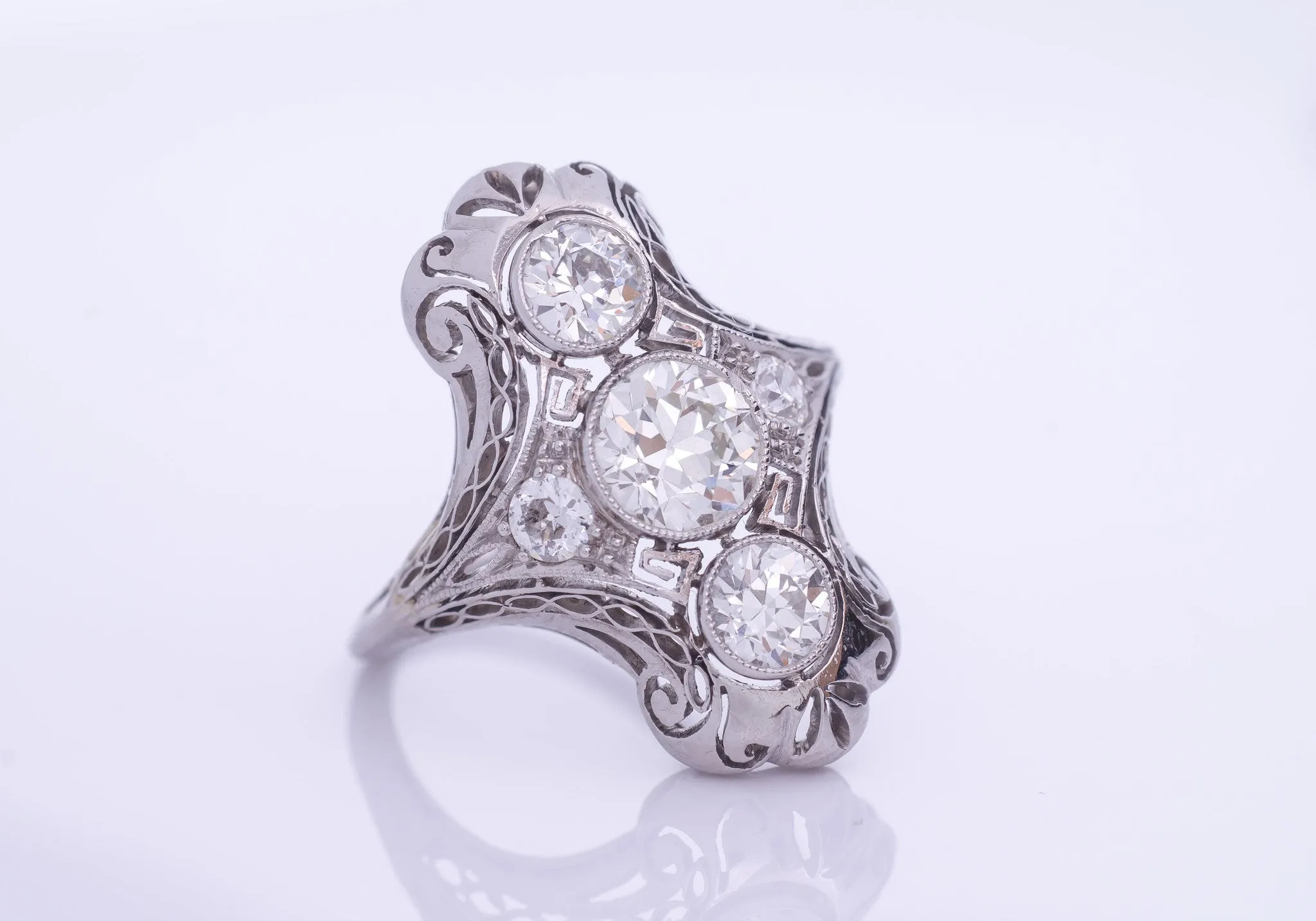 Edwardian Diamond and Platinum engagement / dinner / cocktail ring 1.80ctw