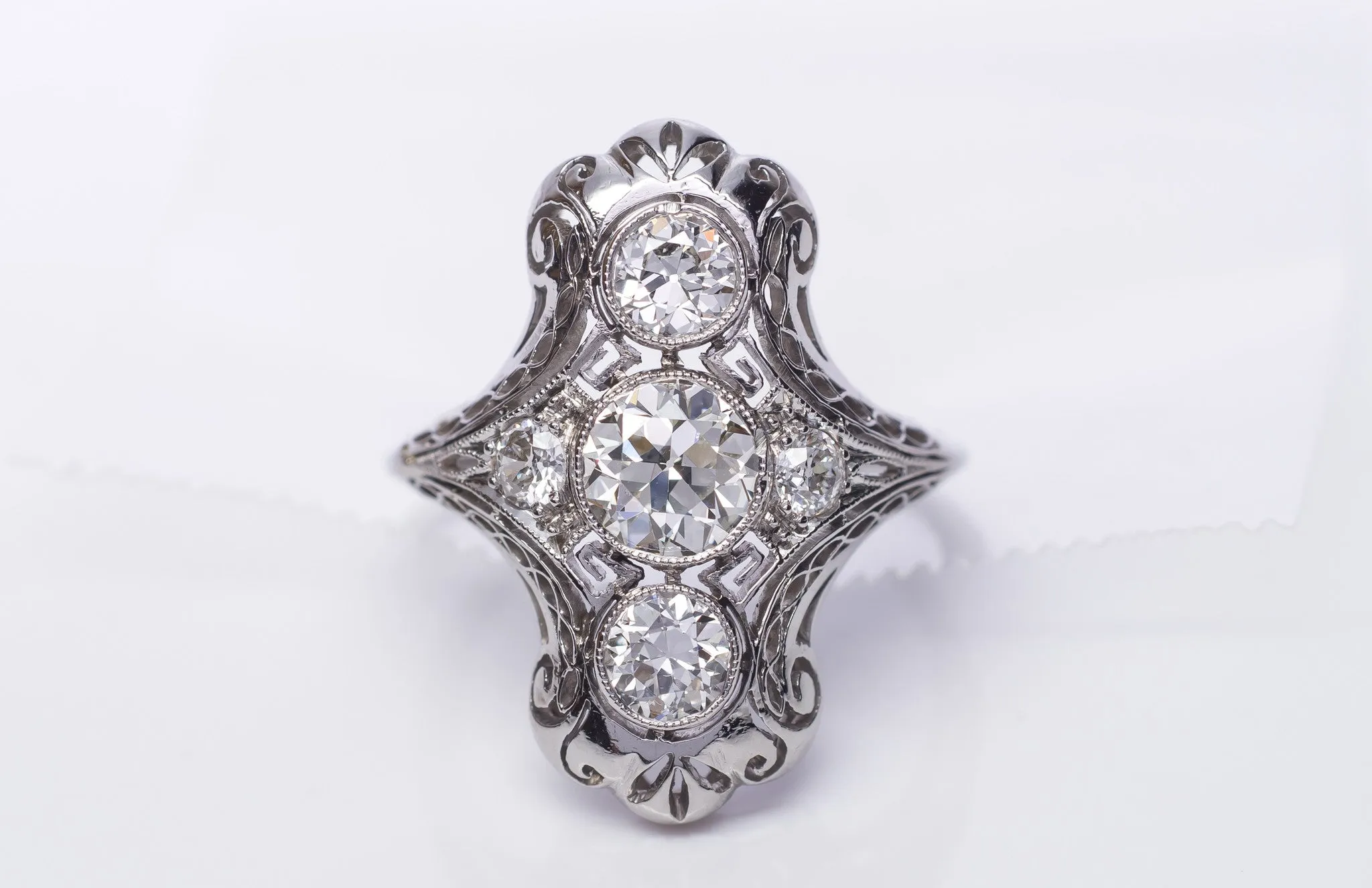 Edwardian Diamond and Platinum engagement / dinner / cocktail ring 1.80ctw