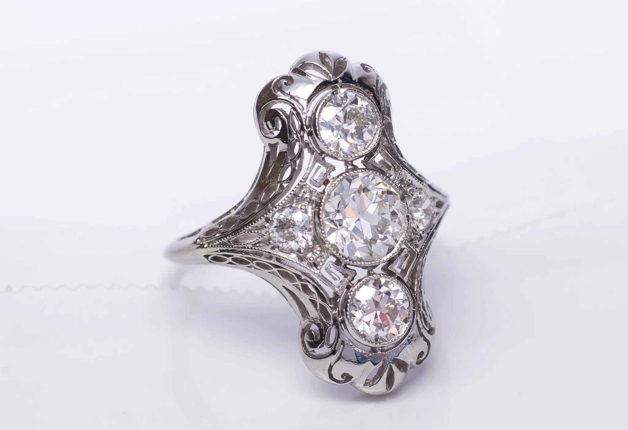 Edwardian Diamond and Platinum engagement / dinner / cocktail ring 1.80ctw