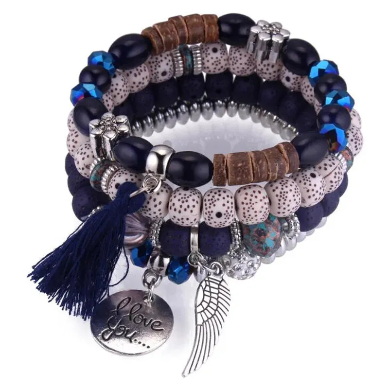 Elastic Multicolor Crystal Beads Bracelet Tassel Wing Letters
