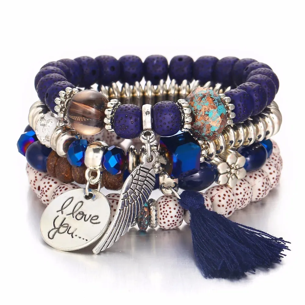Elastic Multicolor Crystal Beads Bracelet Tassel Wing Letters